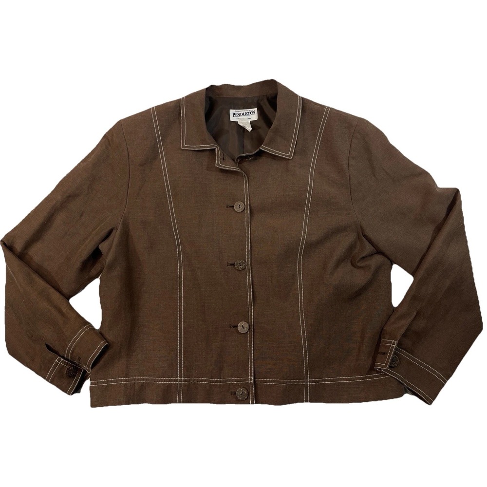 Pendleton Women's Silk Linen Jacket Size 16 Brown Button Front Lined